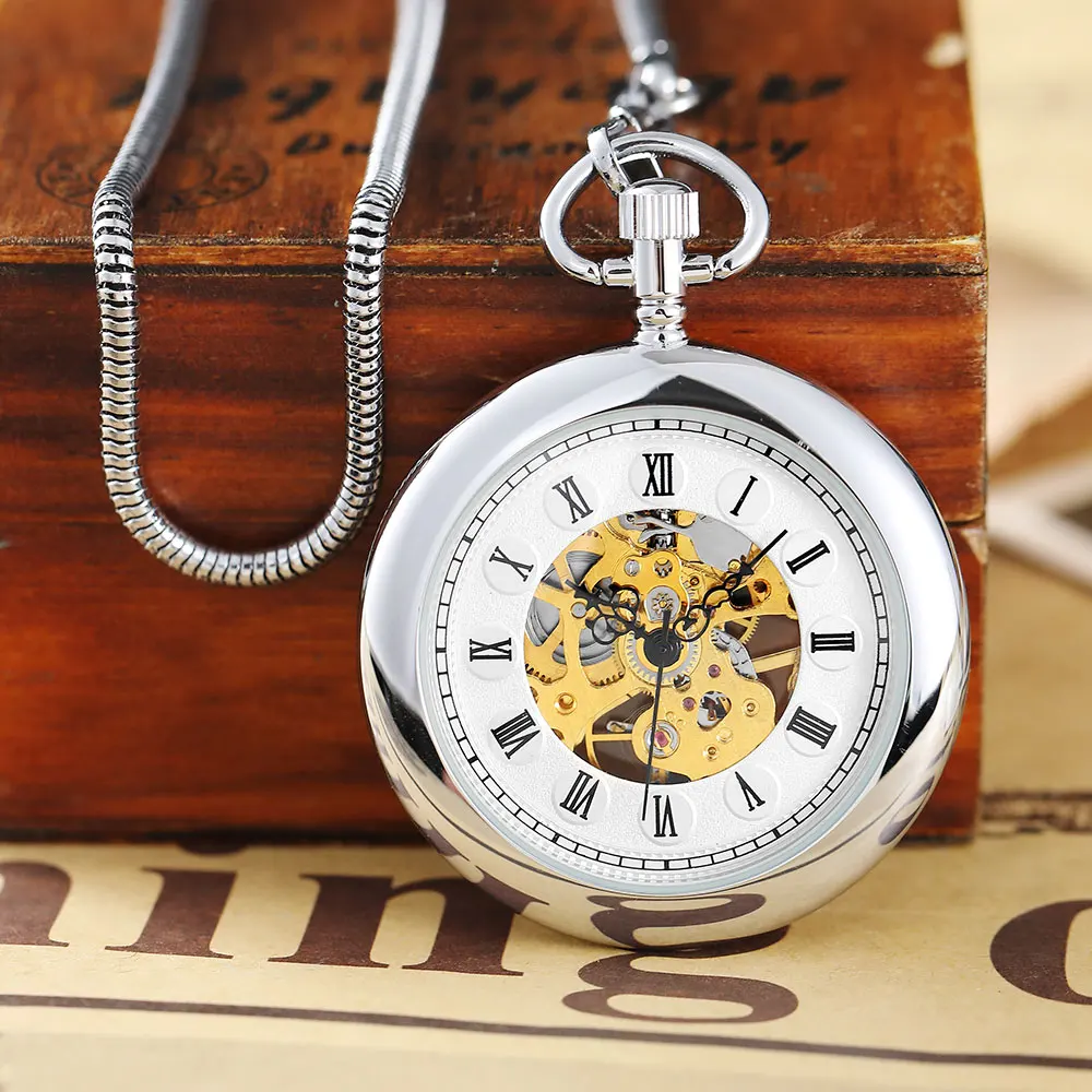 Luxury Golden Smooth Mechanical Pocket Watch Roman Numerals Hand Winding Pocket Watch Stainless Steel Fob Clock Chain Pendant