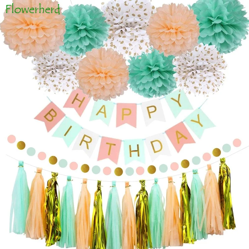 

Mint Peach Happy Birthday Party Decorations Set with Birthday Banner Pom Poms Circle Dot Garland Tassel for Birthday Party Decor