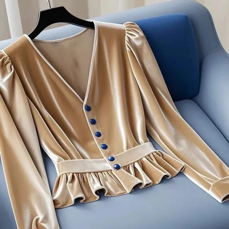 Тонкая короткая куртка с высокой талией бархатные рубашки оборками по краям