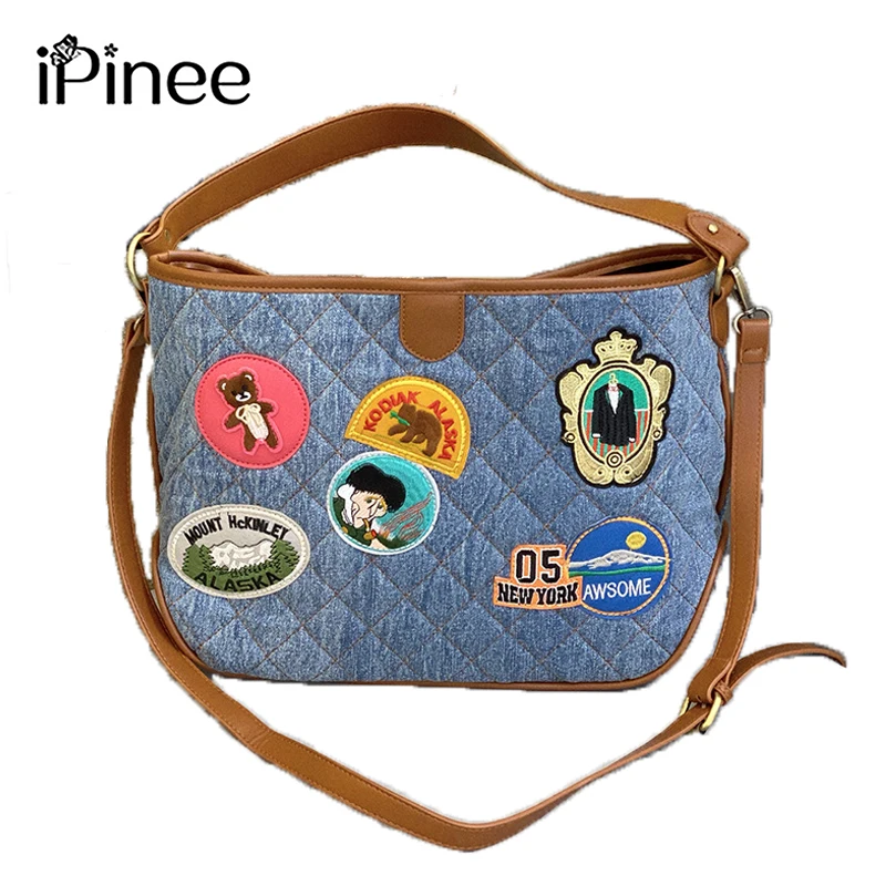 iPinee Denim Retro Women Messenger Bag High Quality High Capacity Lady Shoulder Bag Black Blue Tote Handbag