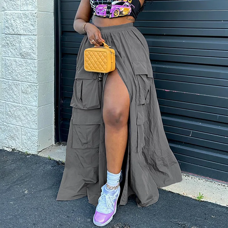 

Женские Длинные свободные брюки трапециевидной формы, с множеством карманов, однотонные, эластичные, с высокой талией и разрезом спереди, повседневные, уличная мода