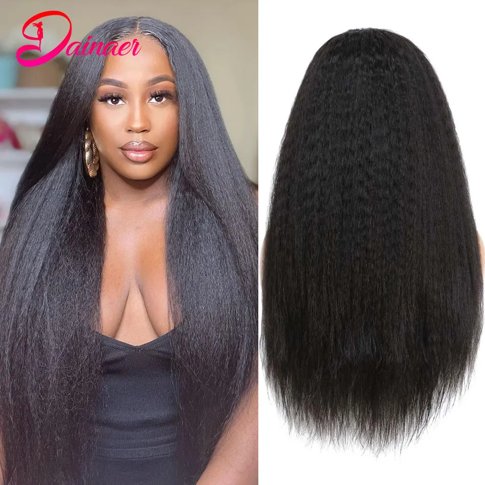 Peruvian Kinky Straight Wig Human Hair 13x6 Lace Frontal Wigs For Women 250 Density Transparent 13x4 Lace Front Human Hair Wigs