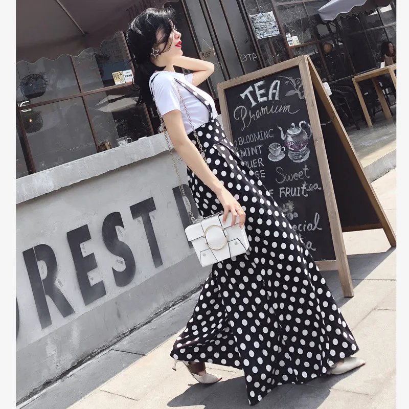 

Spring Summer Korean New Two-Piece Female Polka Dot Suspenders Wide-Leg Pant Knitted Short-sleeved White T-Shirt