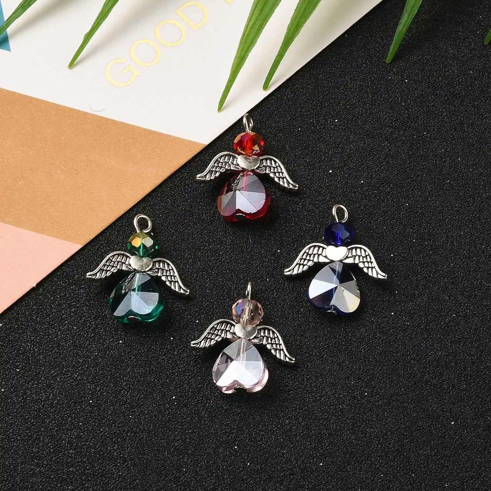 Pandahall 100pcs Mixed Color Angel Electroplate Glass Pendants with Wing Alloy Beads For Necklace Bracelet Jewelry Making Gift