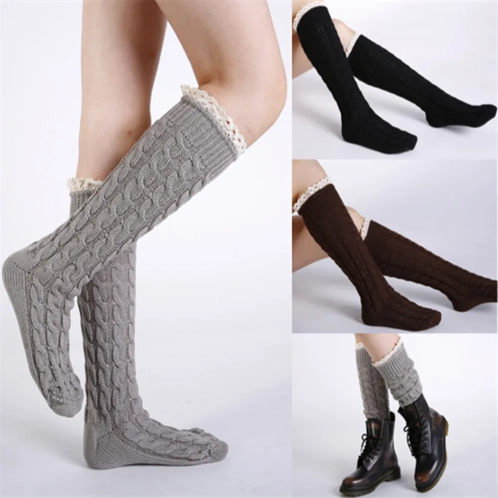 

Woman winter Knitted Lace Boot Cuffs Trim warm long socks floor socks W006