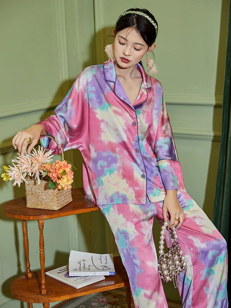 Ice silk pajamas new long-sleeved printed two-piece loose homewear suit silk sleepwear set  ชุดนอน  pijamas women