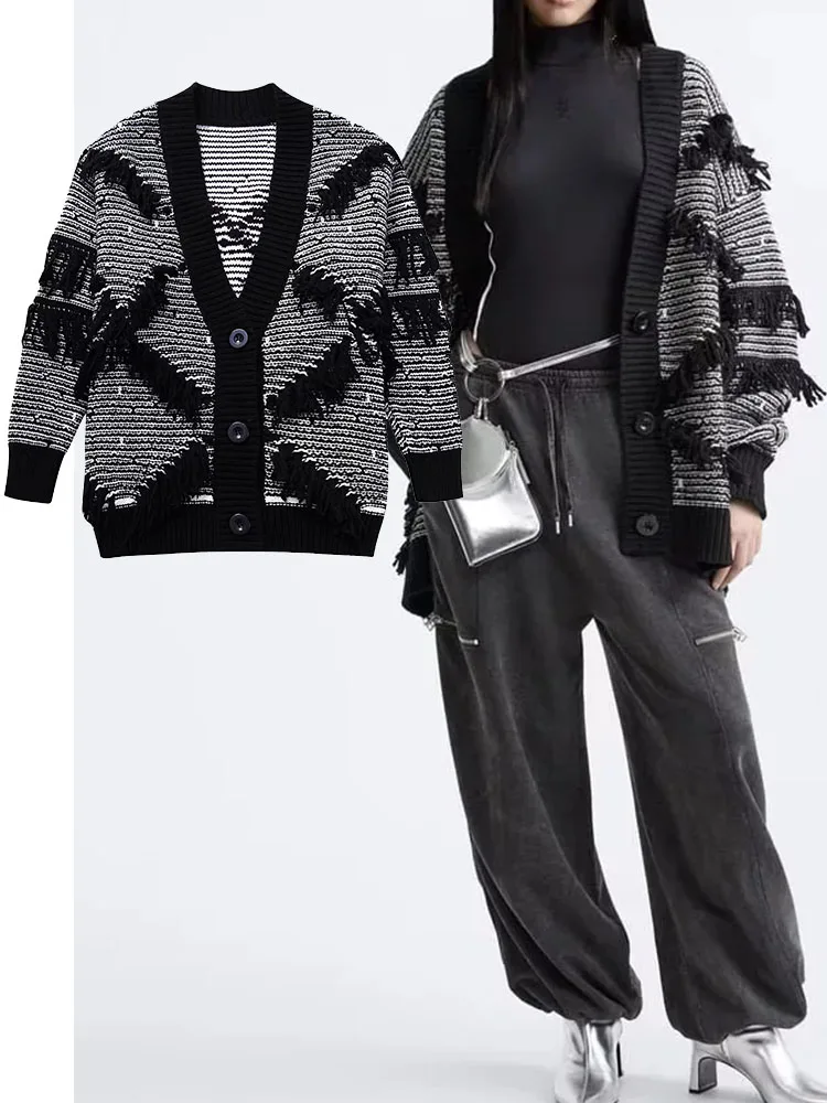 

TRAF Women Thick Sweater Cardigan 2023 Autumn Winter Women V-neck Casual Long Sleeve Casual Cardigan Female Crop Top