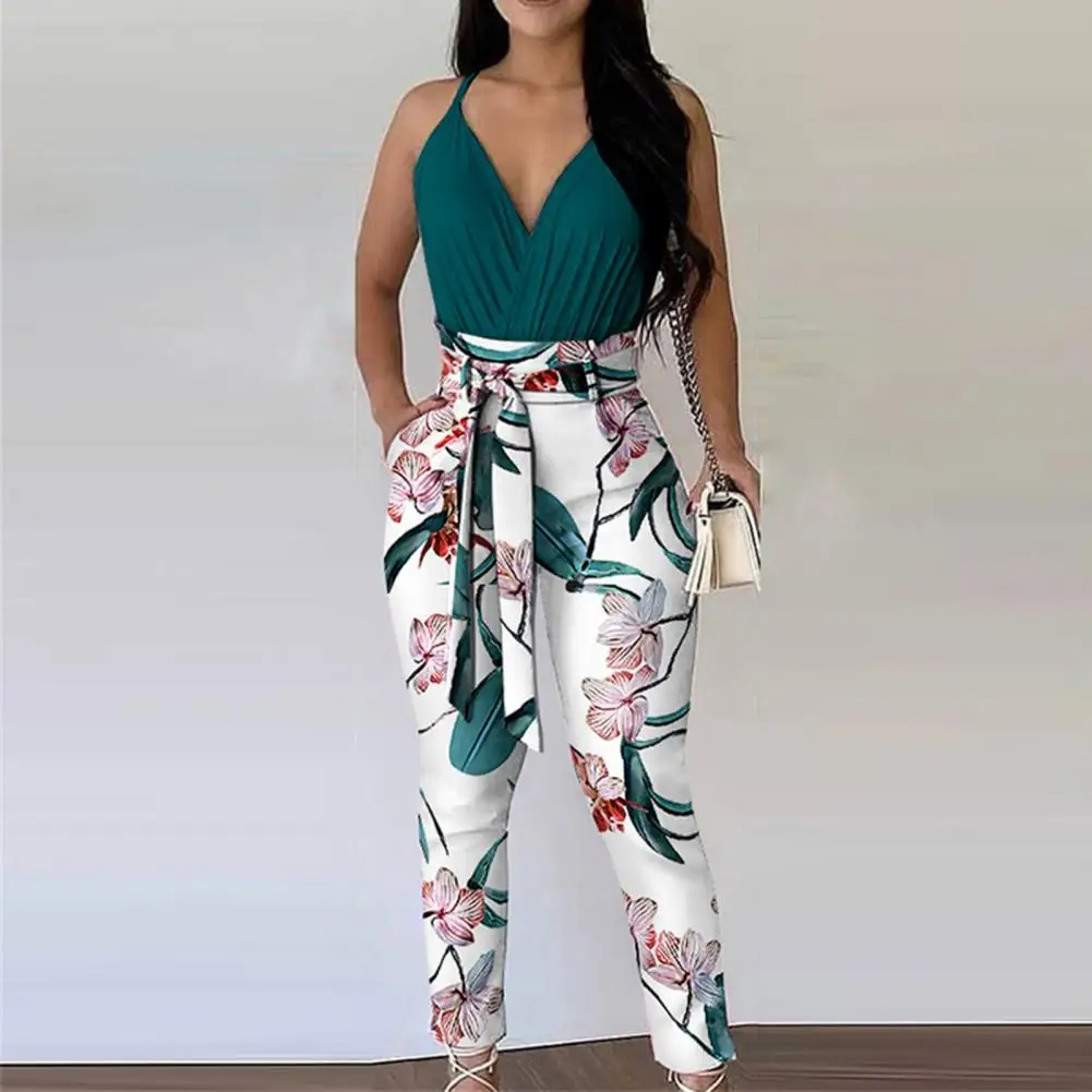 

Stylish Lady Set Plant Element Flower Print Breathable Women 2 Pieces Lace Up Ankle Length Summer Set Office Clothing