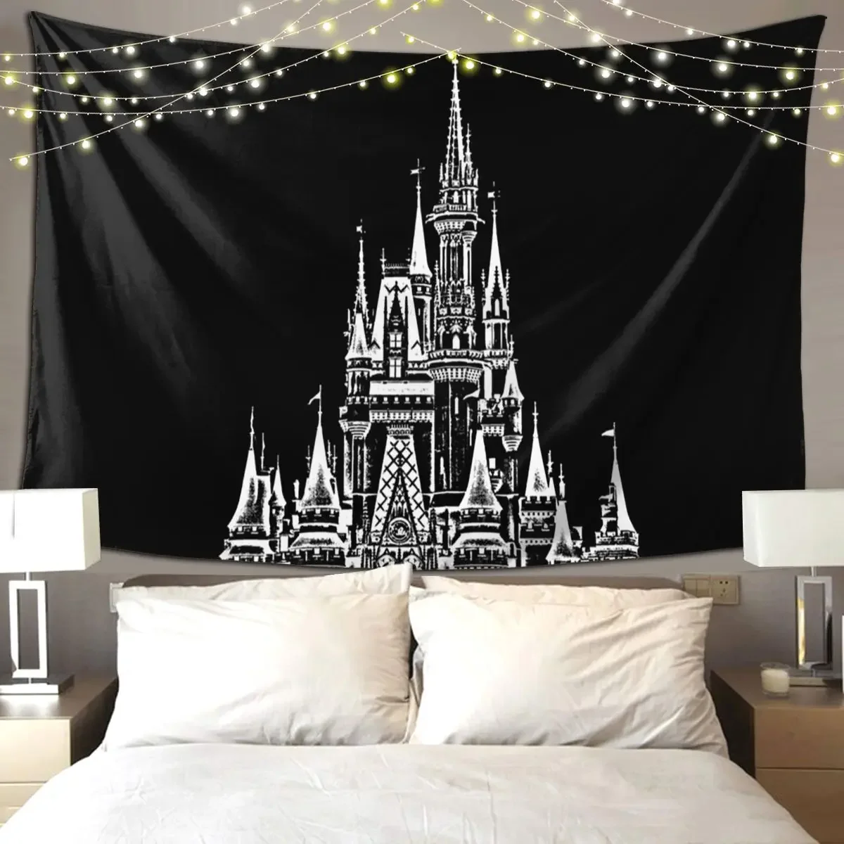 Черно-белый волшебный замок гобелен Забавный настенный подвесной эстетический