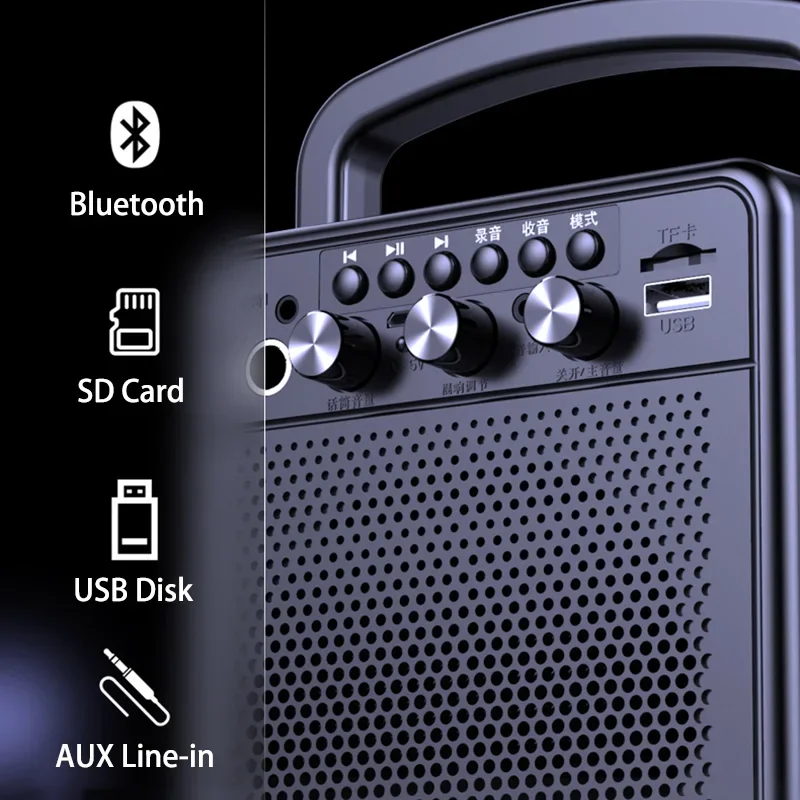Фото Портативный Bluetooth-динамик Караоке FM-радио Басовый бумбокс Водонепроницаемые уличные USB-динамики Поддержка AUX Музыкальный сабвуфер Громкоговоритель №5