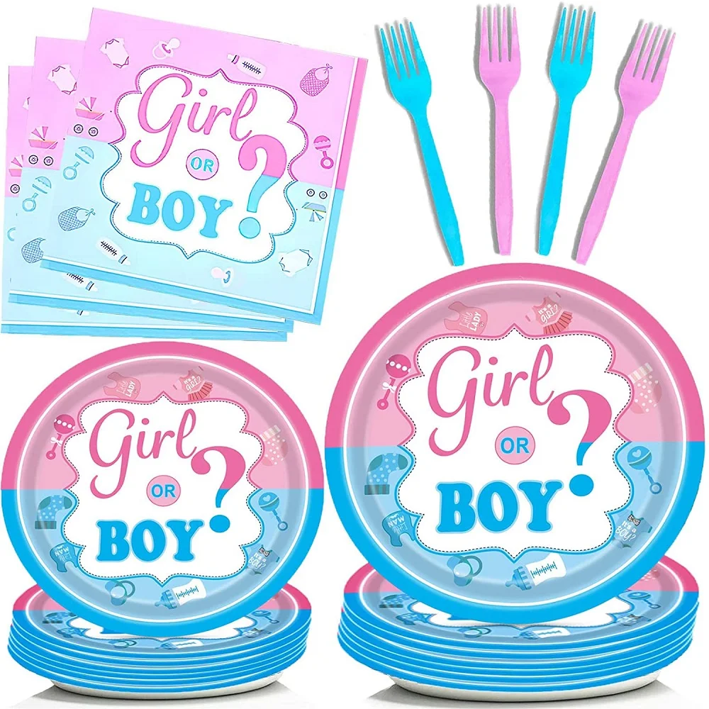 

Gender Reveal Tableware Plates Baby Shower Boy Or Girl Birthday Party Supplies Disposable Paper Dinnerware Set Serves 16 Guests