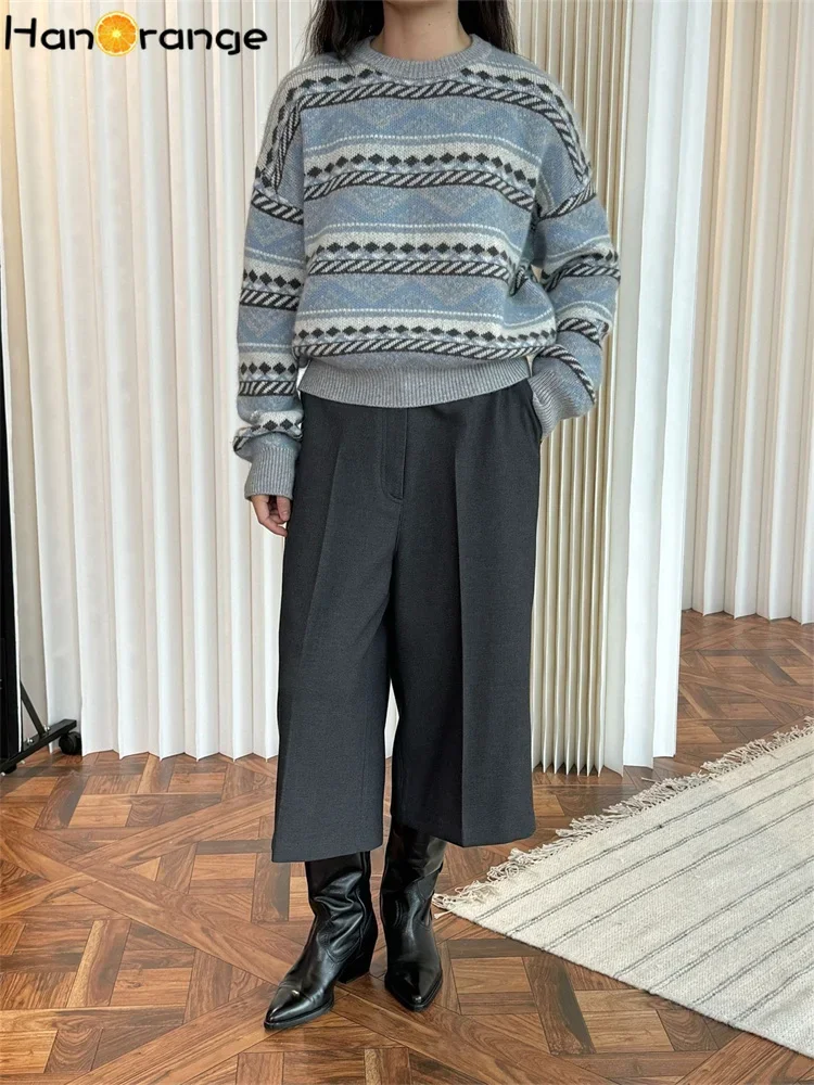 HanOrange 2024 зимний винтажный полосатый жаккардовый шерстяной свитер женский теплый