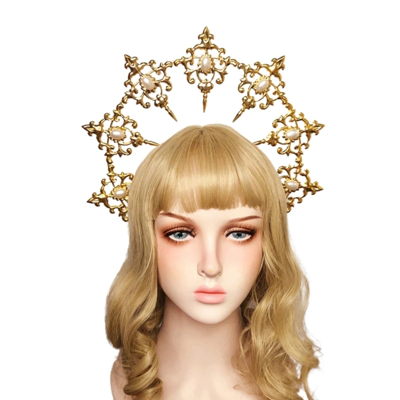 

Womens Mary Halos Crowns Headband Spiked Gold Tiara Moon Goddess Headpiece
