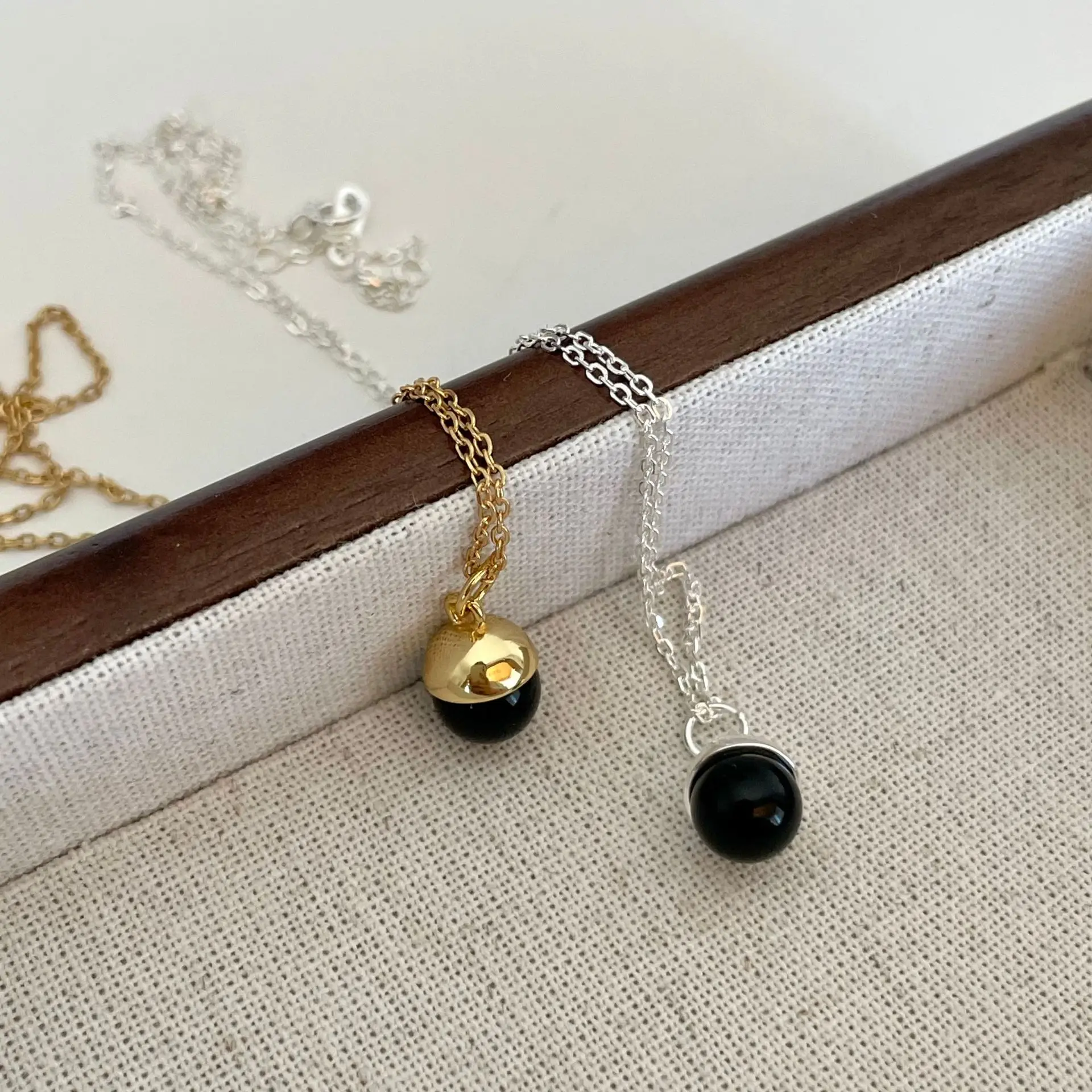 

18K Gold Authentic 925 Sterling silver Black Agate Round Pendant ball necklace jewelry C-B1070