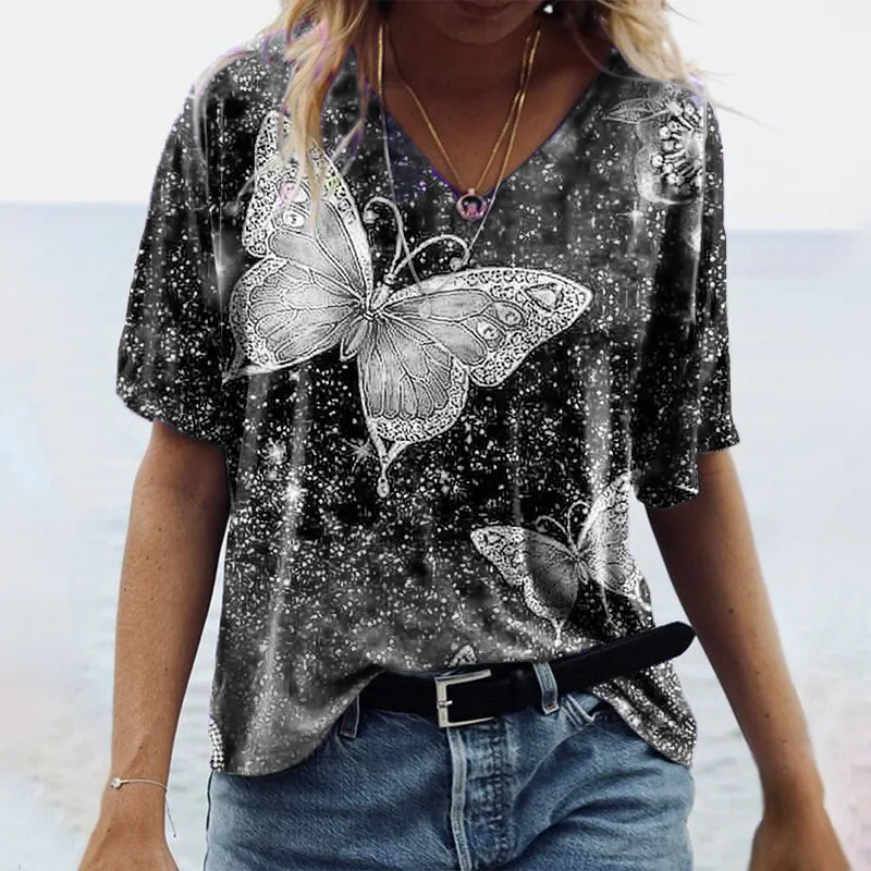 

Casual Butterfly Print T-shirt Women V-Neck Half Sleeve Loose Plus Size 4XL 5XL