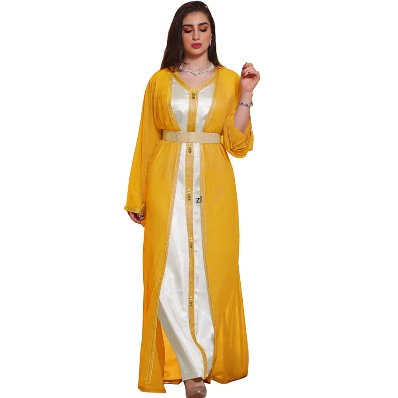 2023 Summer Fashion Style Muslim Women Long Sleeve V-neck Polyester Long Abaya  Dubai Abaya  Muslim Dress Women  Abaya Dubai