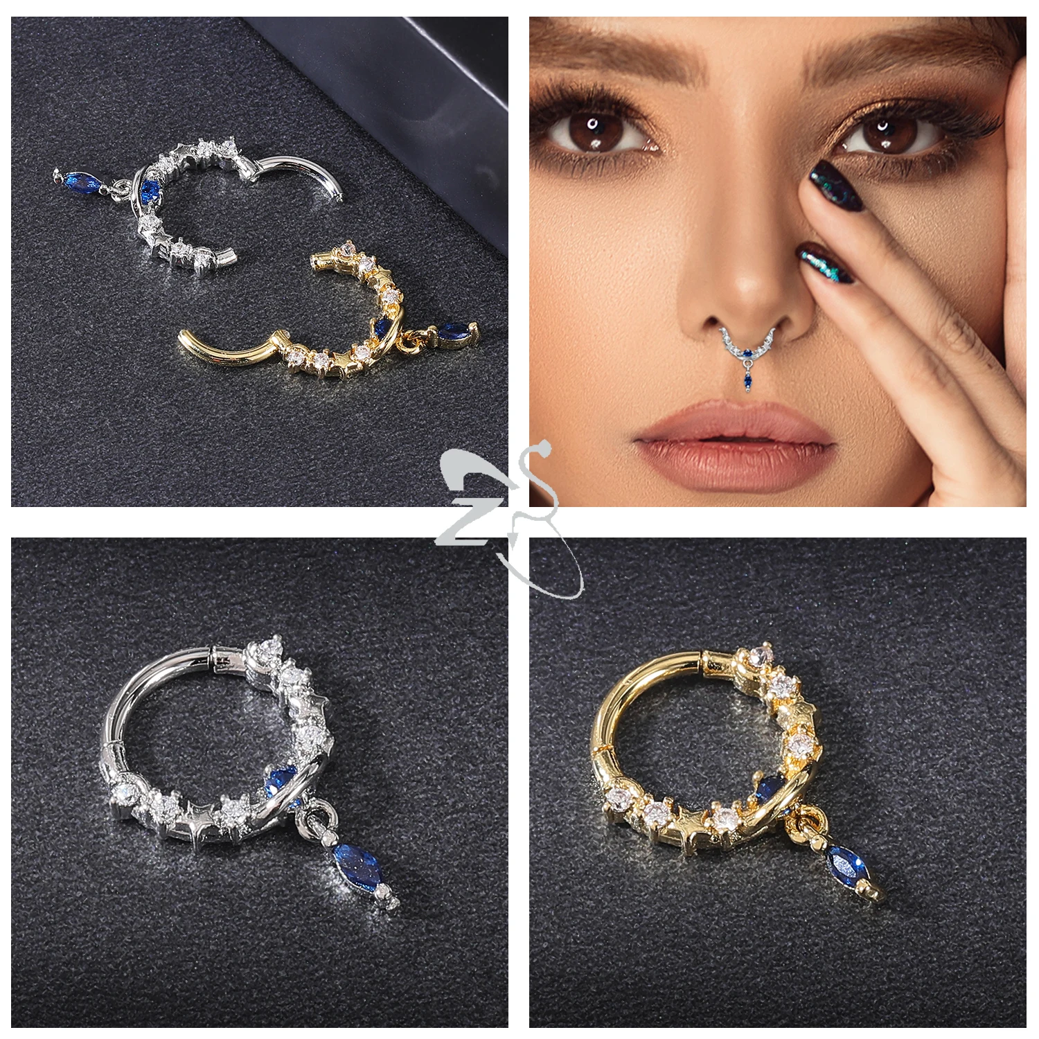 ZS 1PC 16G Star Moon Nose Piercings Gold Plated Dangle Nose Ring Stainless Steel Septum Clicker Zircon Helix Cartilage Piercing