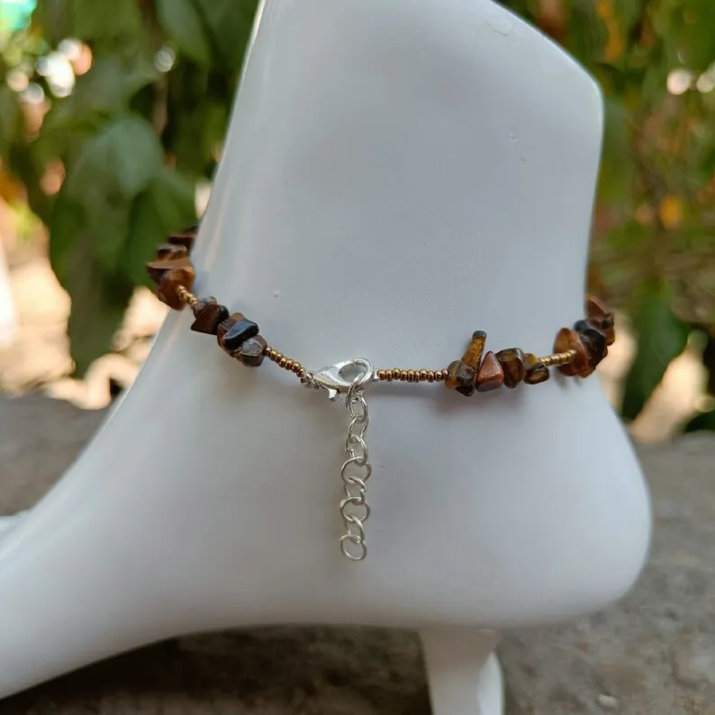 Tiger Eye Anklet-Boho Anklet-Beaded Anklet-Raw Chips Beaded Anklet-Ankle Bracelet-Fashionable Anklet-Handmade Jewelry