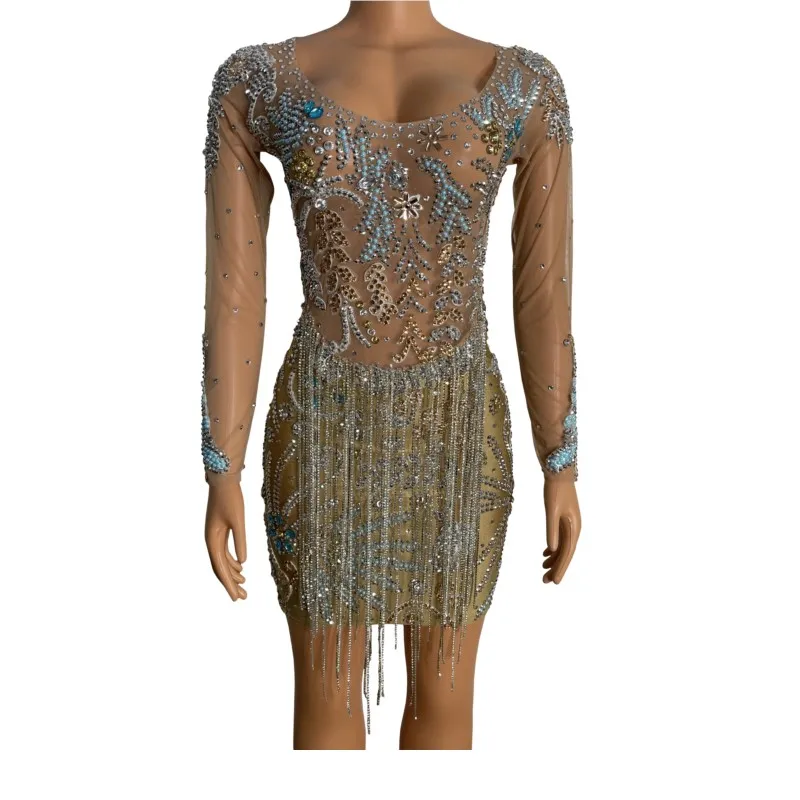 

Платье с бахромой из цепей и кристаллов для торжества, новинка, сексуальный растягивающийся костюм для выпускного вечера, вечеринки, блестящий вечерний костюм