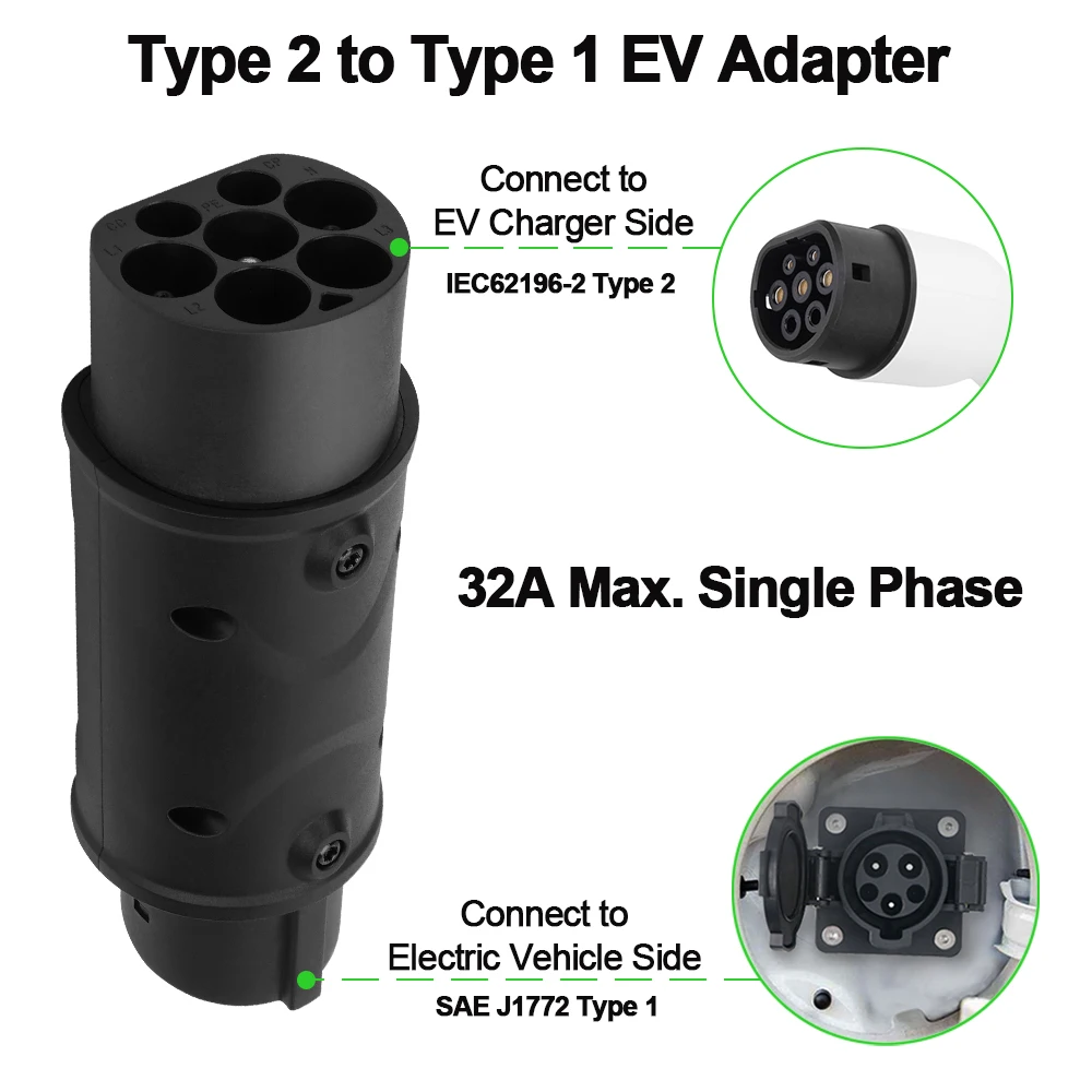

Teschev Type 2 to Type 1 Adapter 32A Single Phase Compatible with Type2 Charger for Electric Car with Type1 Charging Socket