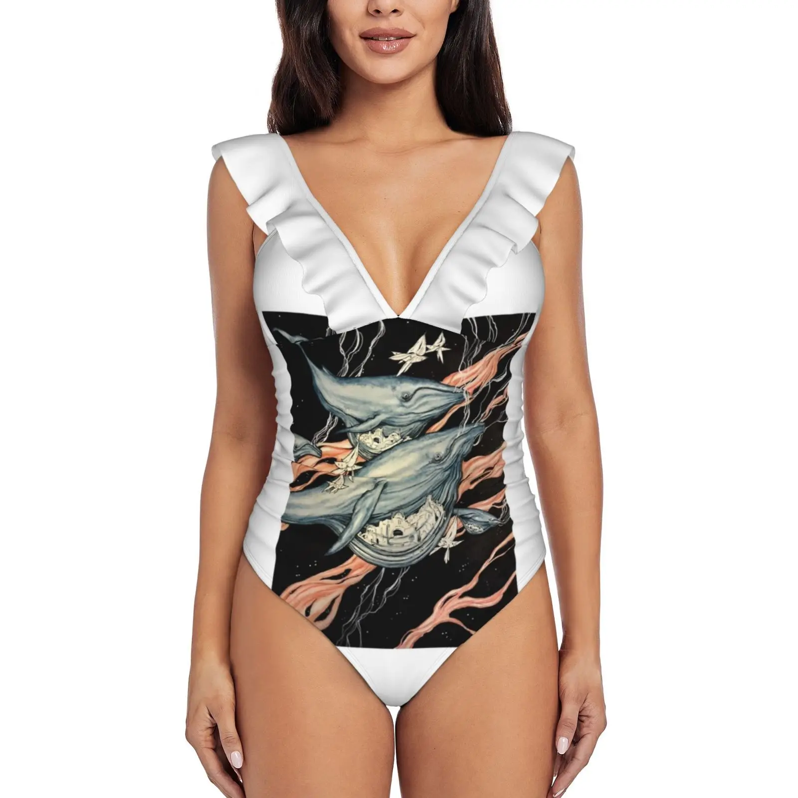 

Купальник женский сплошной с оборками, пикантный монокини с принтом, пляжная одежда для морских и других китов