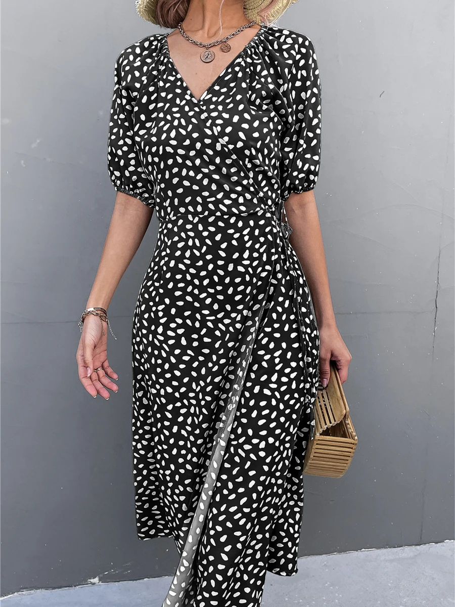 Summer Wrap Dresses for Woman Short Sleeve V Neck Chiffon Dress Polka Dot Casual Fashion Streetwear Female Elegant Midi Dress