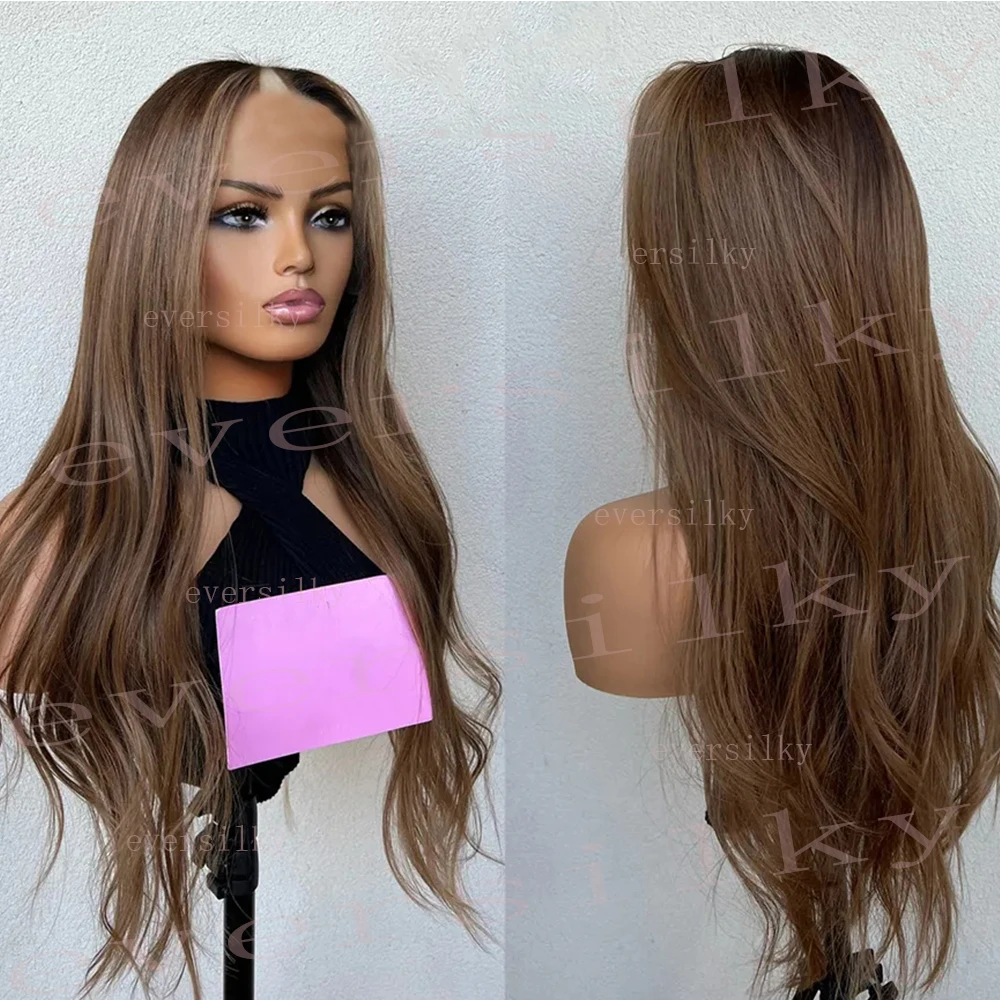 Ombre Chocolate Brown Natural Wave V Part 100% Human Hair Wigs Middle/Side Open Loose Wavy Chestnut Brown U Shape Full Machine