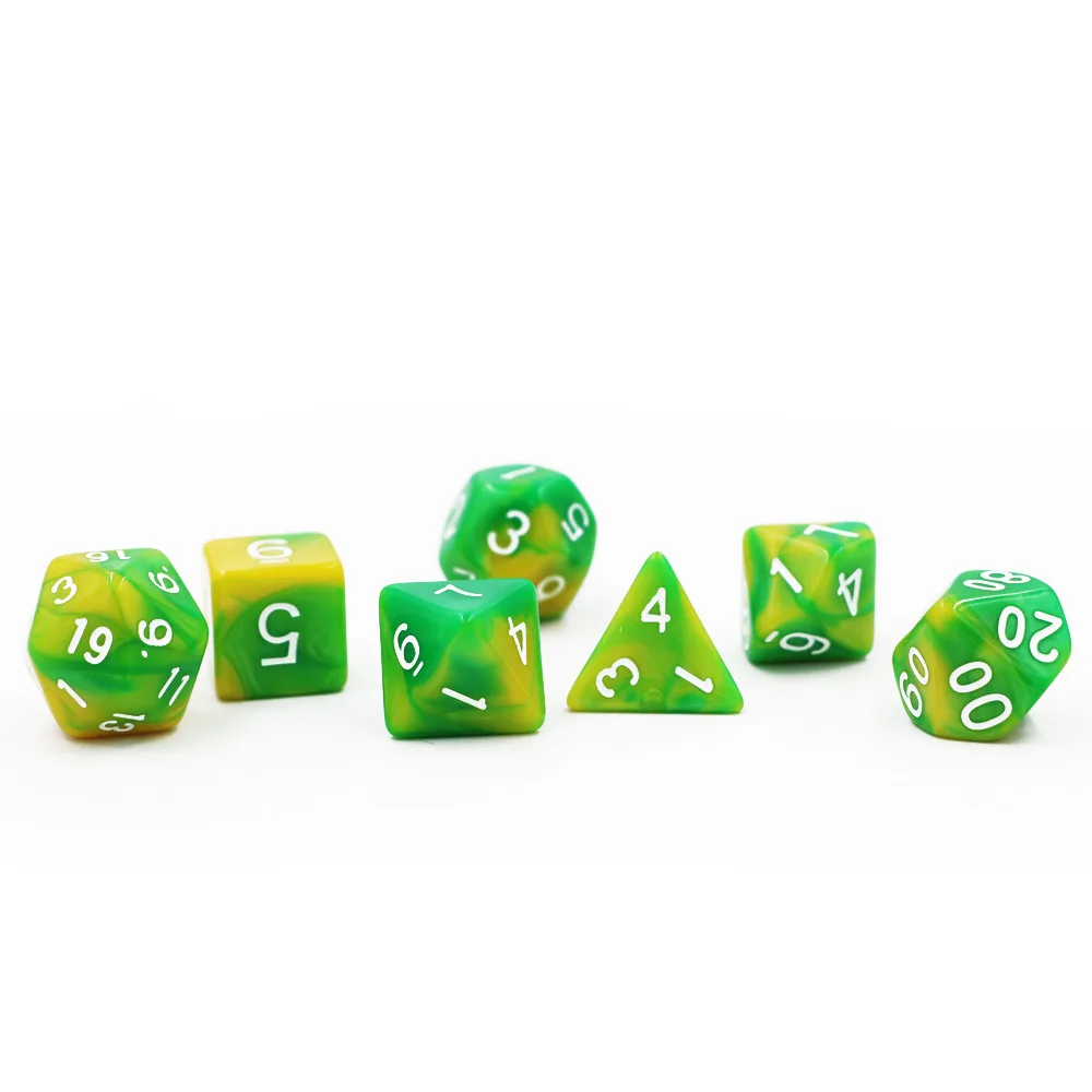 

Набор цифровых цифр для настольных игр, набор из 7 кубиков желто-зеленого цвета, D20, D12, D10, D8, D6, D4, для настольных игр