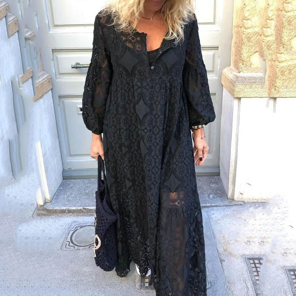 

2022 Autumn Women's Hollow Maxi Dresses Lantern Sleeve Pullover Korean Elegant Boho Long Dresses Plus Size 5XL Black Vestido