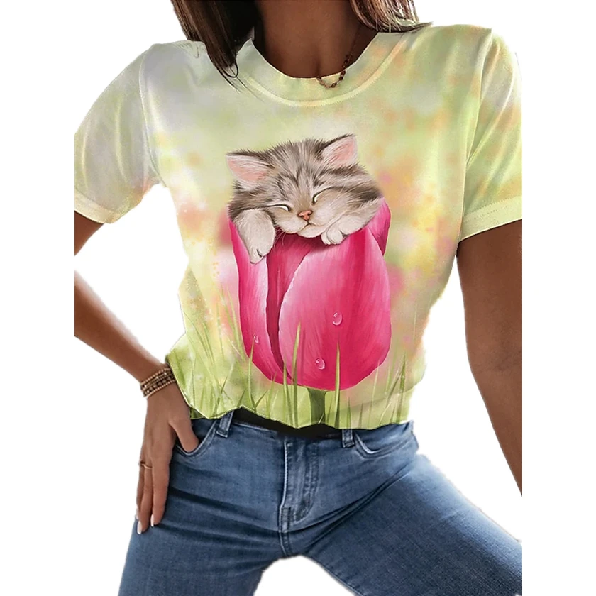 

2022 Girls Kawaii Tops Vintage Women Clothing Cat Graphic T Shirts Plus Size Tops Short Feminino Korean Harajuku Style T-shirt