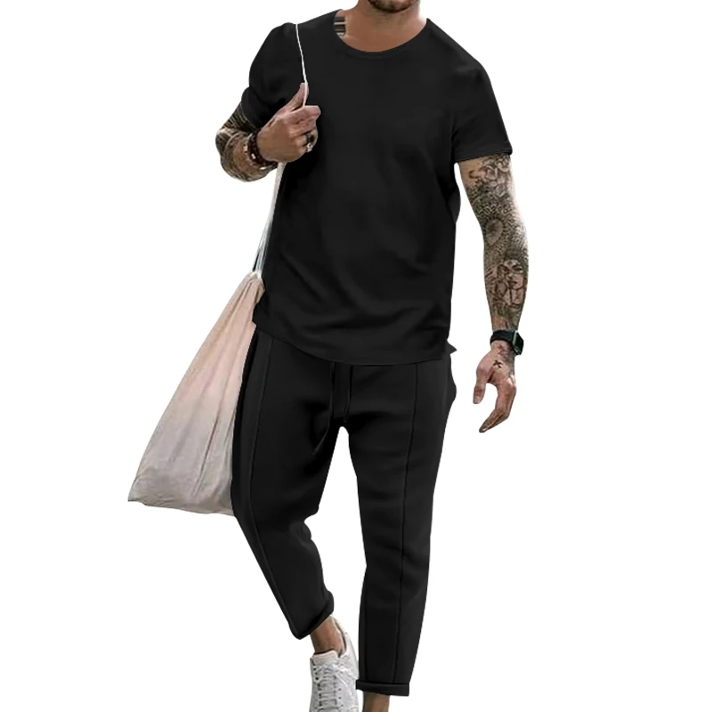 Brand Men's Spring/Summer Round Neck Casual Comfortable Top+Split Sweatpants Two Piece Set of Boutique Set