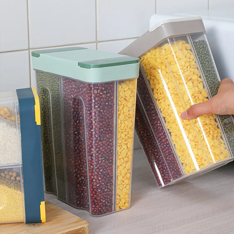 

Kitchen 4 Grids Food Storage Container Sealed Jars for Bulk Cereals Transparent Plastic Rice Bucket Fridge Organizer Accessories