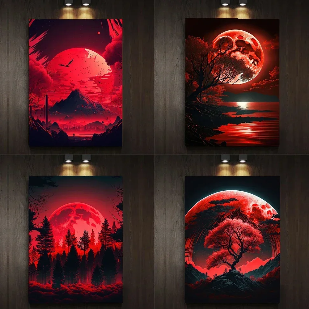 Nagarjuna Красная Луна огонь Искусство Холст Живопись настенный Пейзаж Плакат Печать