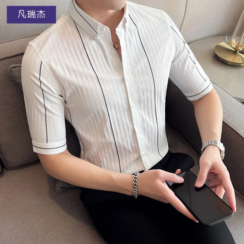 

2022 Summer Men Clothing Lapel British Fashion Striped Regular Fit Soft Shirts Male Three Quarter Comfortable Tops Shirt L219