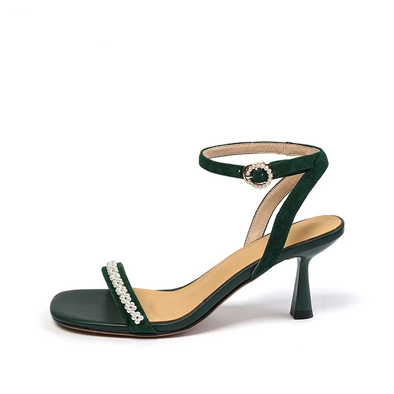 Sandals Genuine Leather New Summer Ankle Strap Sandal Fashion Ladies Black Beige Sexy Women Pearl High Heeled Shoes