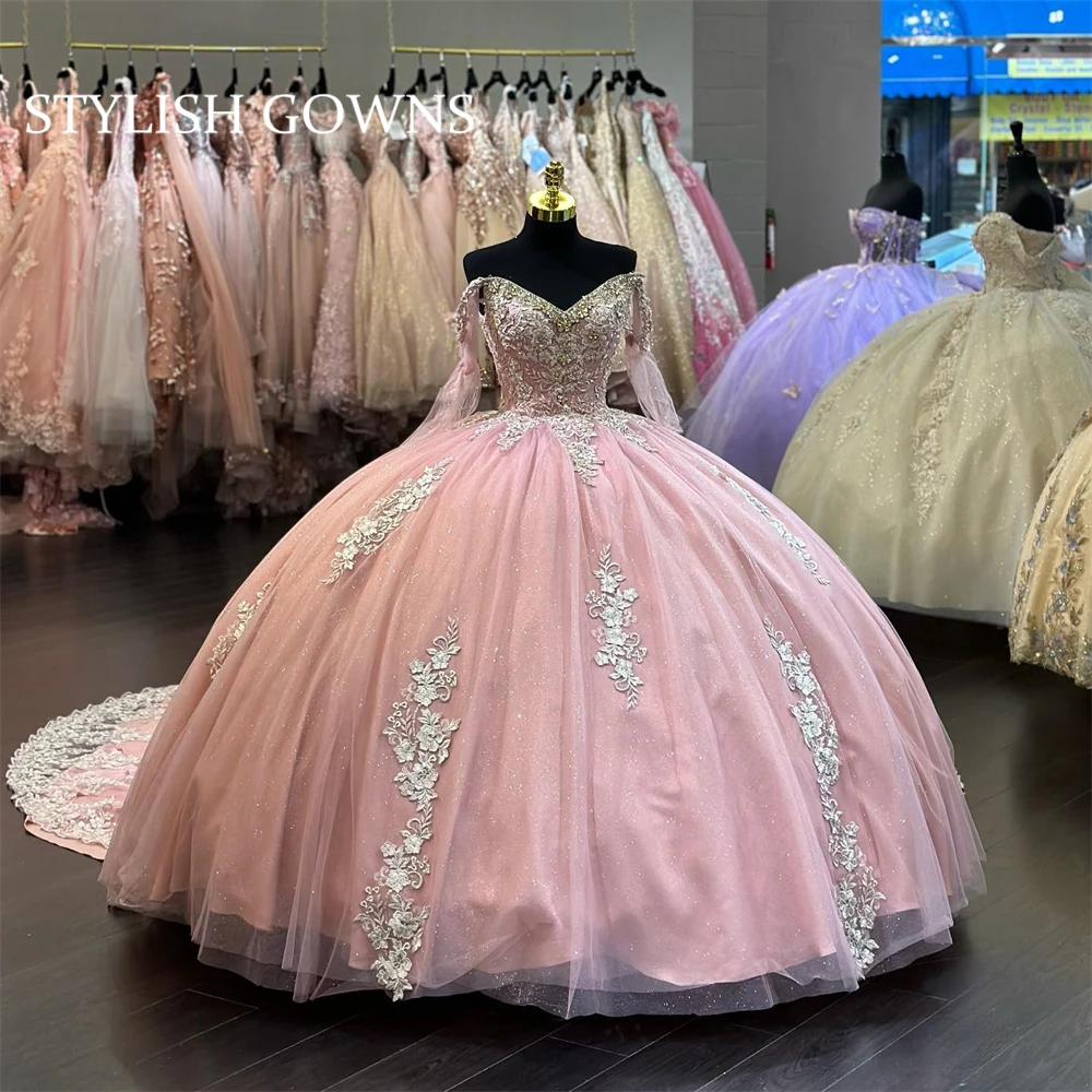 

Бальное платье принцессы розового цвета с открытыми плечами, бальное платье для девушек, платье с аппликацией из бисера и накидкой, наряды на день рождения, платье для выпускного вечера