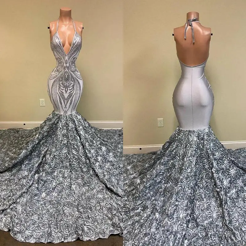 Black Girls Silver Mermaid Prom Dresses With Bottom Florals Sexy V Neck Halter African Plus Size Evening Dress 2022 Pageant Gown
