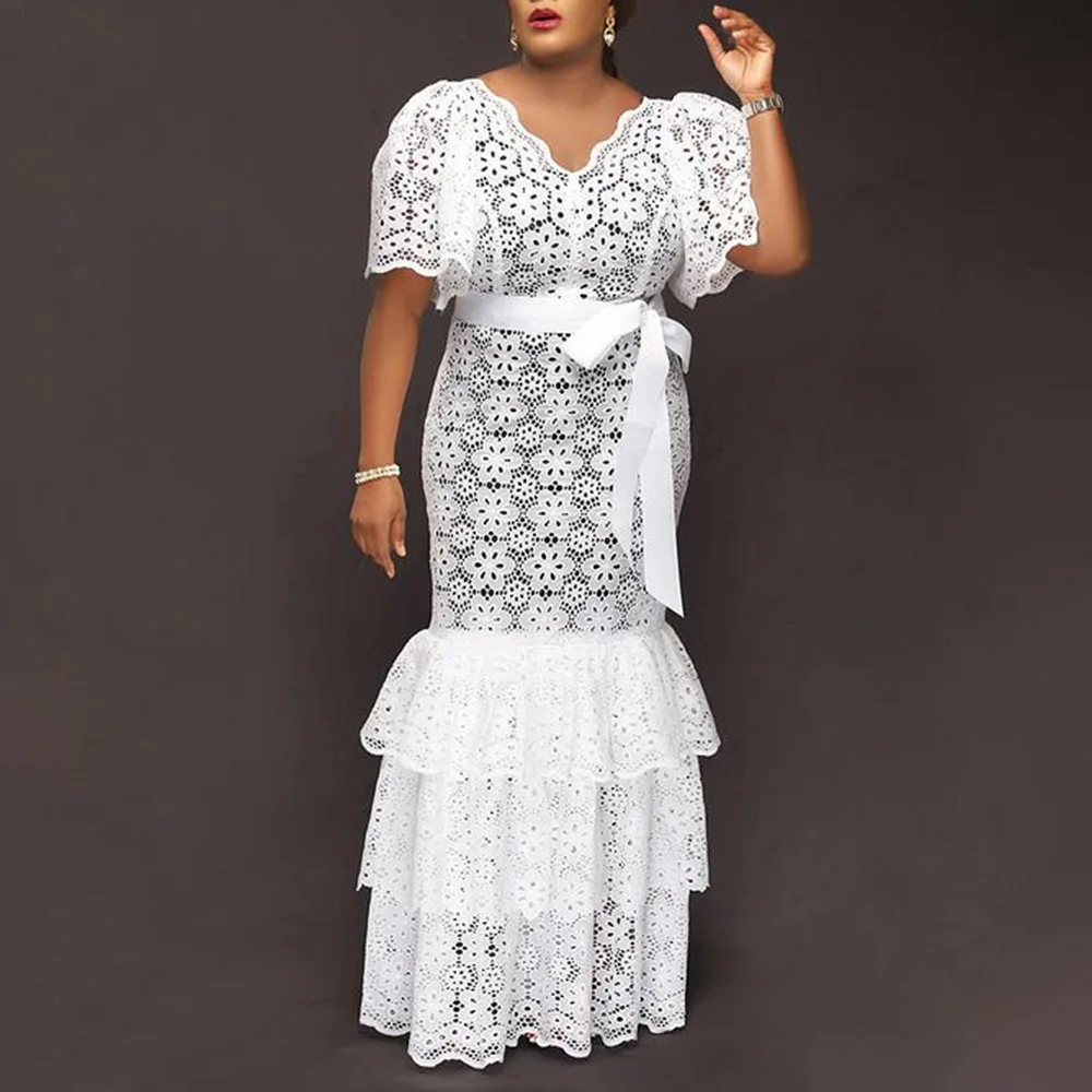 

Women Mermaid Dress Hollow Out White Elegant Party Bodycon Sexy 2022 Summer New Long Maxi Robe High Waist Trumpet Female Dress