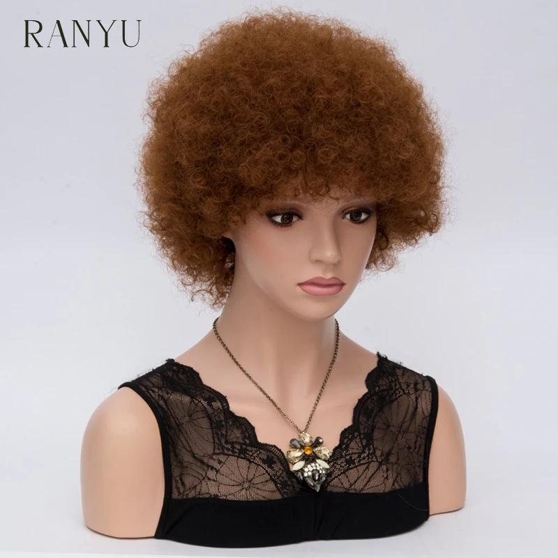 

Short Afro Kinky Curly Synthetic Wigs With Bangs For Black Women African Ombre Brown Cosplay Hair