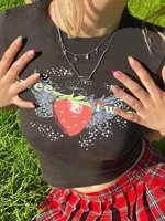 womens 2022 spring sweet print strawberry letters age reduction emo t shirt slim navel short sleeve top fairy grunge y2k top