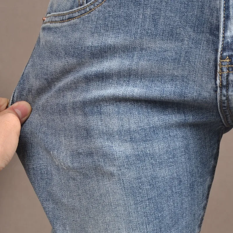 Autumn Light Blue Jeans Men Streetwear Casual Pencil Pants Korean Style Fashion Slim Fit Denim Trousers