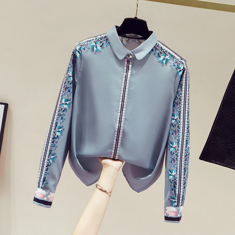 

Шифоновая женская блузка, рубашка-поло с принтом, летняя повседневная одежда, топ свободного кроя с длинным рукавом для женщин