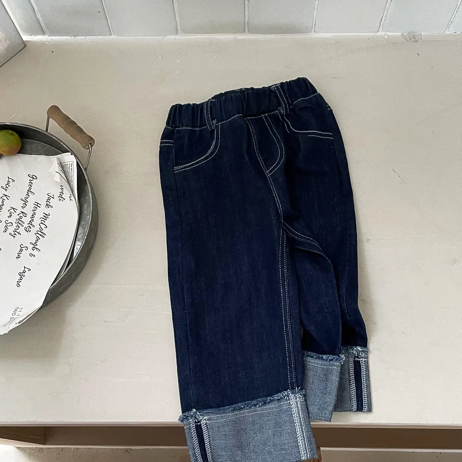 Korean style children loose casual straight jeans Autumn Boys and Girls crimping Wide leg denim pants