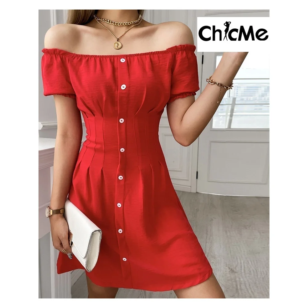 

Chicme Summer Women Mimi Off Shoulder Puff Sleeve Button Design Casual Dress Party Fashion Sexy Short Sleeve Elegant Slim