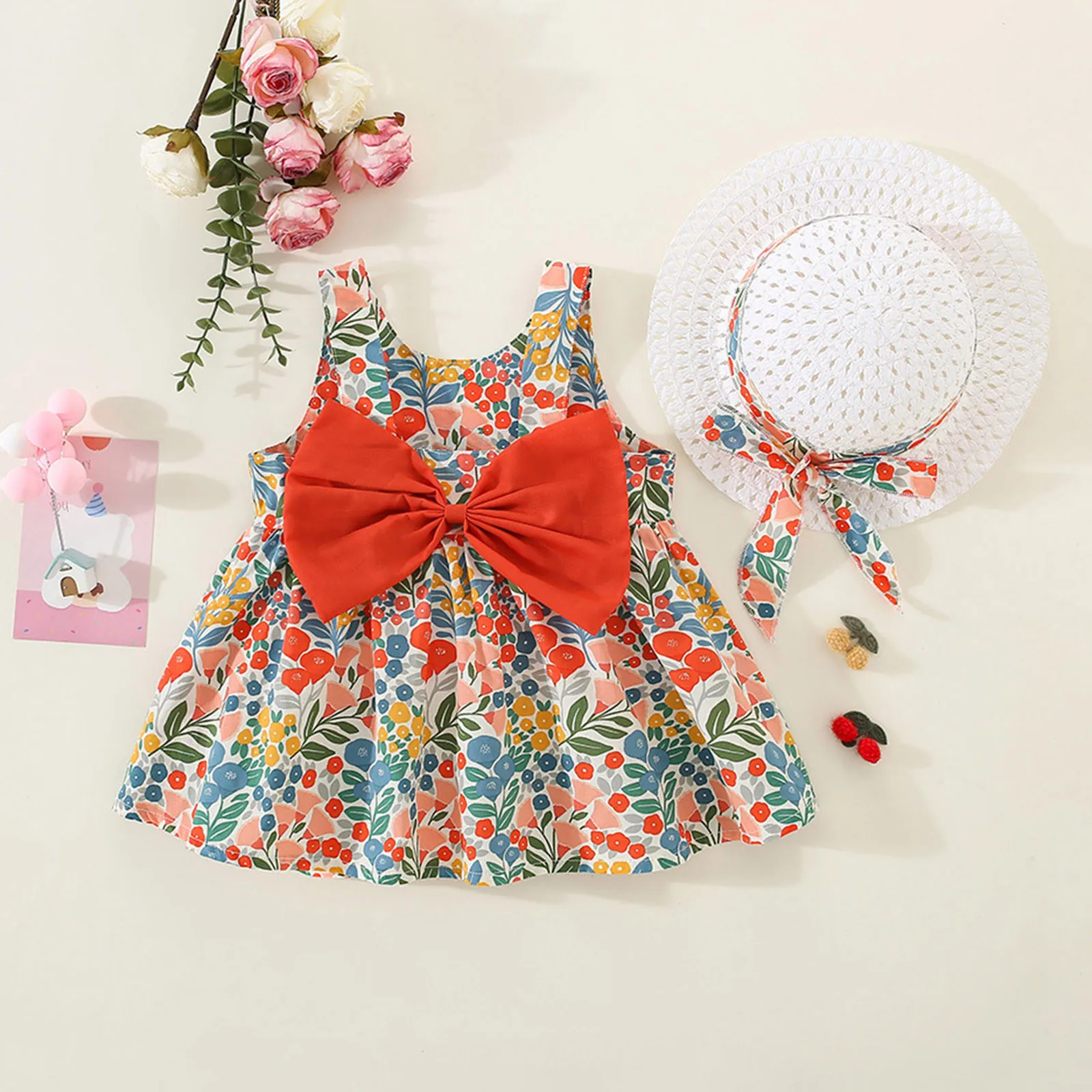 

Summer Toddler Girl Clothes Set Baby Beach Dresses Cute Bow Birthday Party Dress Sleeveless Cotton Newborn Princess Dress+Sunhat