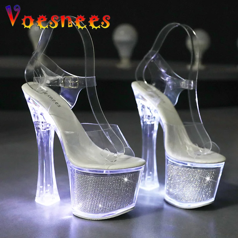 Light Up Glowing LED Stripper Shoes Women Luminous Clear Transparent Star Platform Sandals Summer 17.5CM Sexy Crystal High Heels