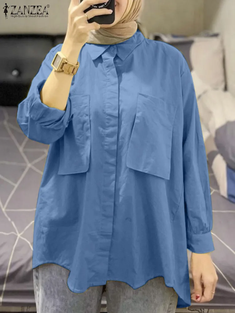 

Турецкая Рабочая Рубашка ZANZEA, Исламская одежда, Женская винтажная однотонная блузка с длинным рукавом, рубашки с воротником с лацканами, мусульманский хиджаб, женские топы