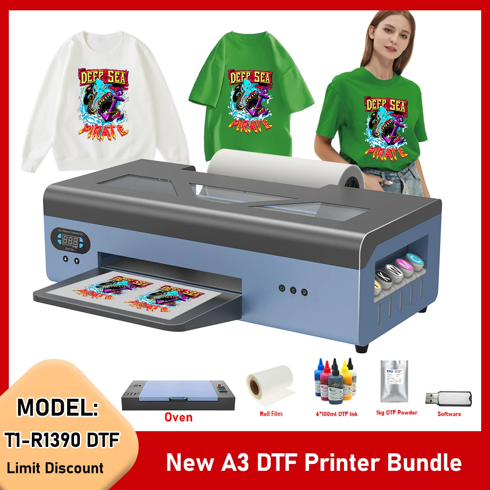 

Принтер A3 DTF R1390 с рулонным питателем, прямая передача пленки, принтер для футболок, для одежды, всех тканей