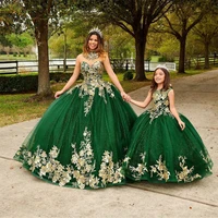 2022 green beading quinceanera dress ball gown off the shoulder gold appliques lace pageant birthday party sweet 15