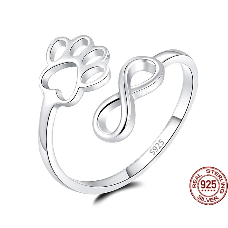 

S925 Silver Pet Cat Claw 8 Character Ring ∞ Symbol Footprint Opening Adjustable Size Bridal Wedding